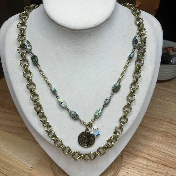Two -Layer Necklace with African Turquoise Chain & Rainbow Moonstone Star❤️ - Picture 3 of 7